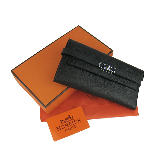 High Quality Hermes Kelly Long Clutch Bag Black H009 Replica - Click Image to Close